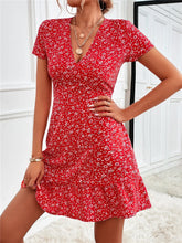 Printed Ruffled Hem V-Neck Short Sleeve Mini Dress Red Floral OutfitFlow